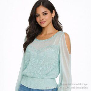 328. NWT Bebe Mint Embroidered Sheer Smocked Blouse Size M